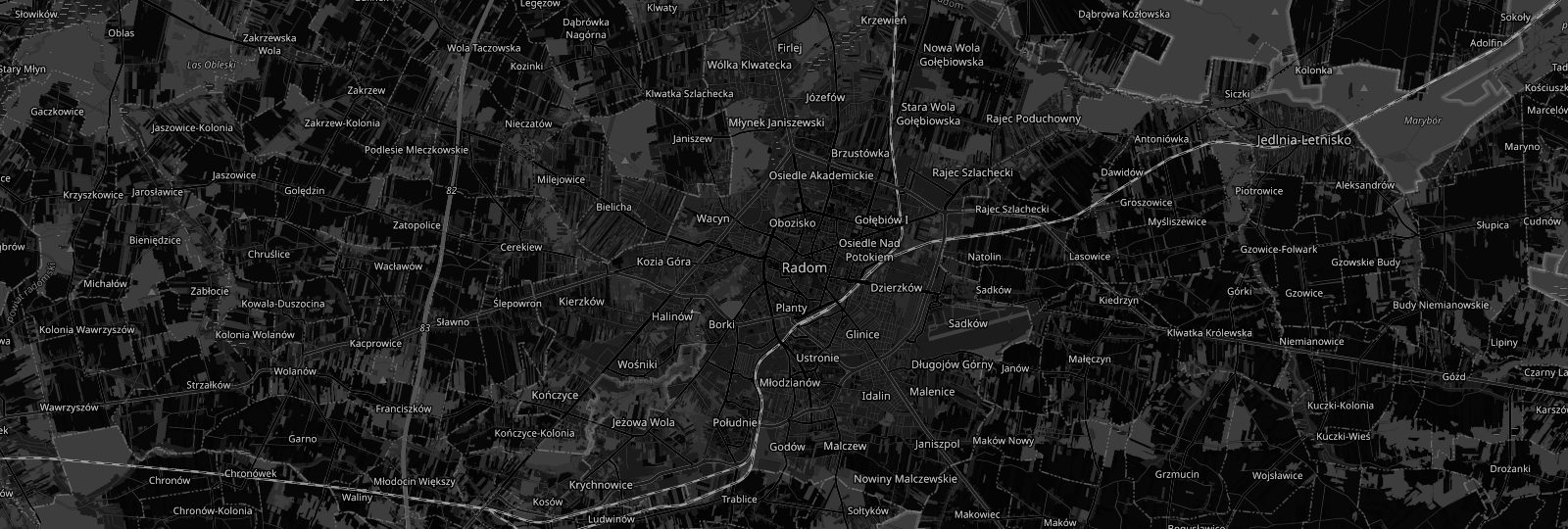 Mapa okolic Radomia z zaznaczoną lokalizacją ETASK